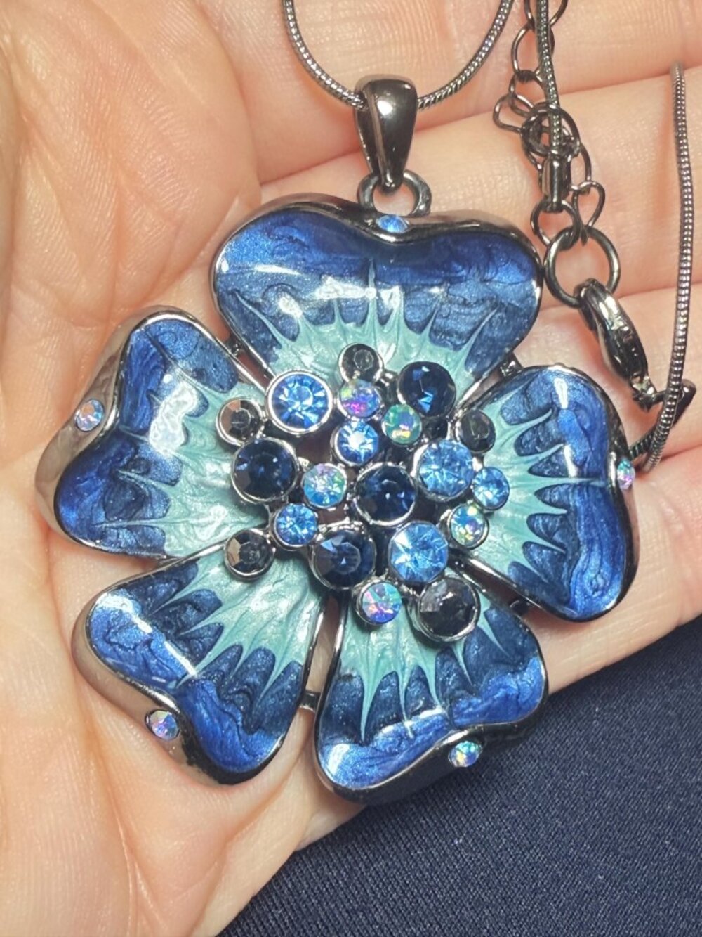 Flower Pendant Blue Enamel with Necklace Rhinestone Floral Statement Jewelry